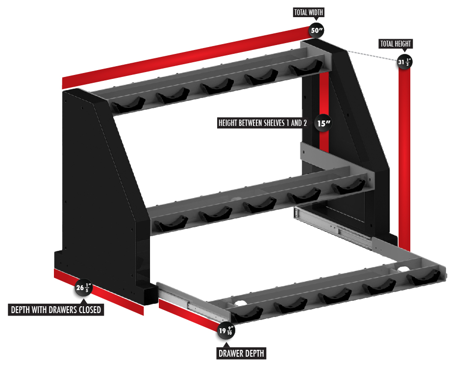 Short Sliding Shelf Pro Dumbbell Rack 3327-SHORT Dimensions
